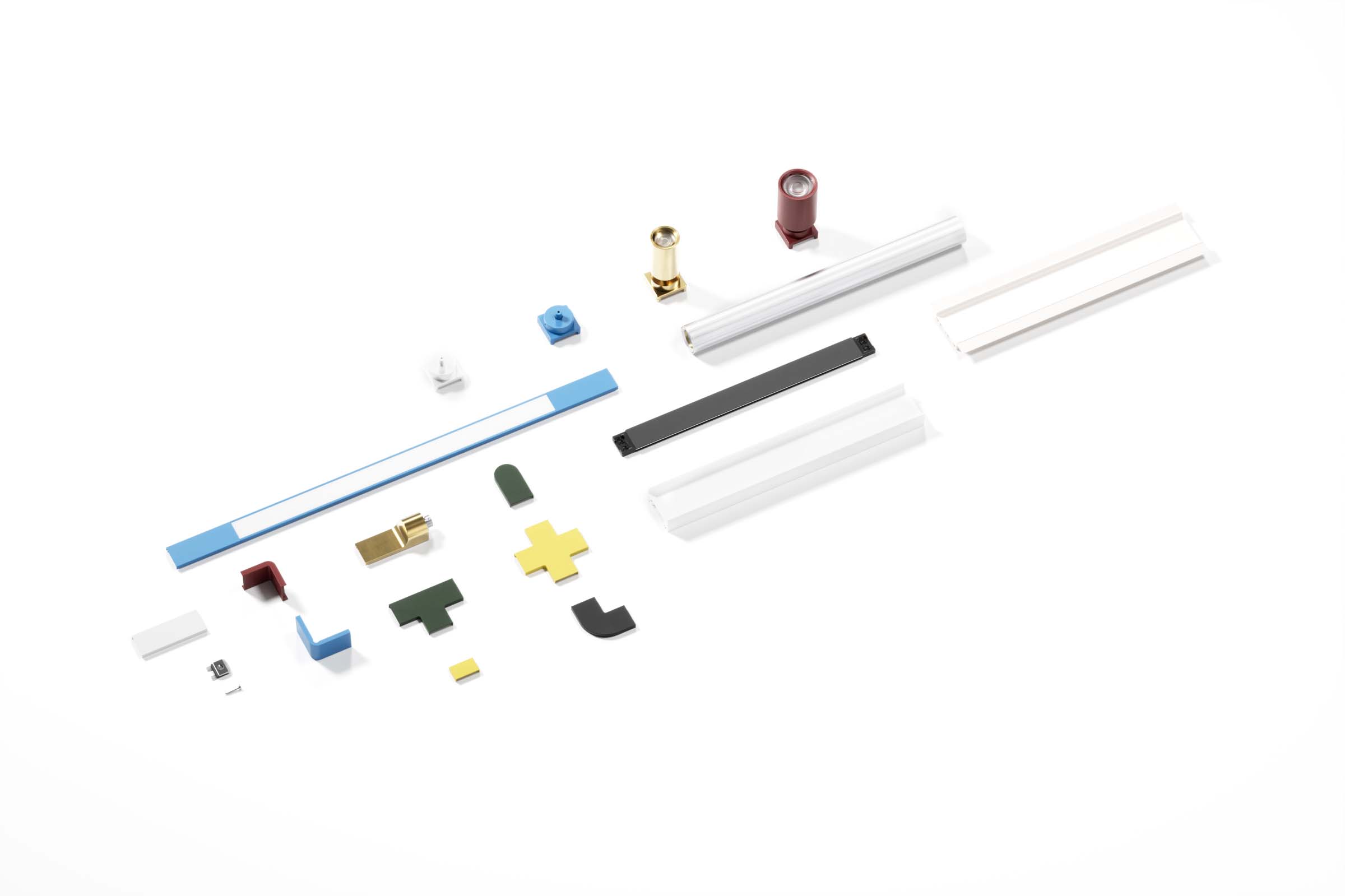 The Multiverse component library laid out as a specimen sheet — rails, heads, connectors, and mounts